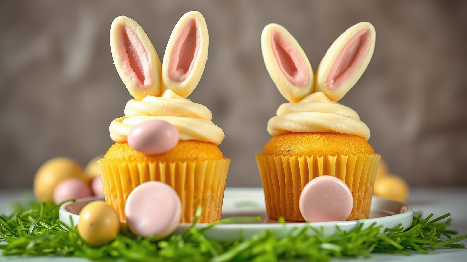 Delicious Easter cupcakes with bunny ears and pastel decorations on a festive plate